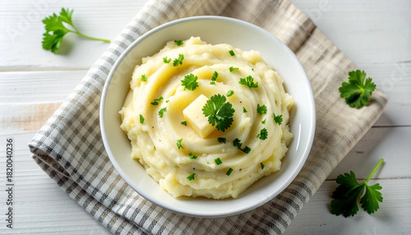 Fototapeta Creamy mashed potatoes with melting butter and fresh parsley garnish, perfect for holiday dinners and comforting family meals, so delicious
