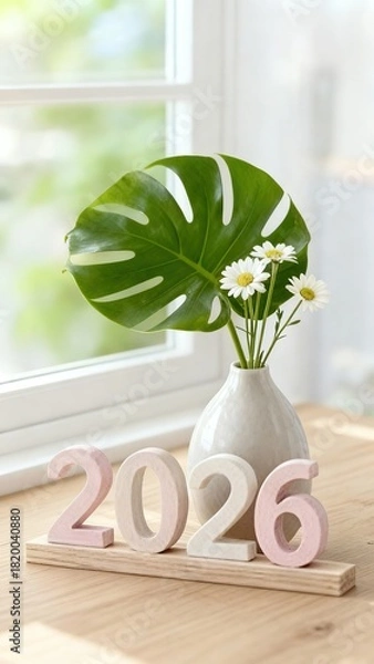 Fototapeta 2026 New Year Vision: Sunlit Window Plant Pot Decoration on Table, Symbolizing Vitality and Future Hope for Home Gardening Interior Design.
