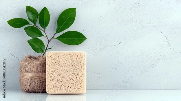 Fototapeta A natural sponge and a green plant branch in a burlap pot sit on a white surface against a textured light gray wall. The scene is lit softly, creating a clean a