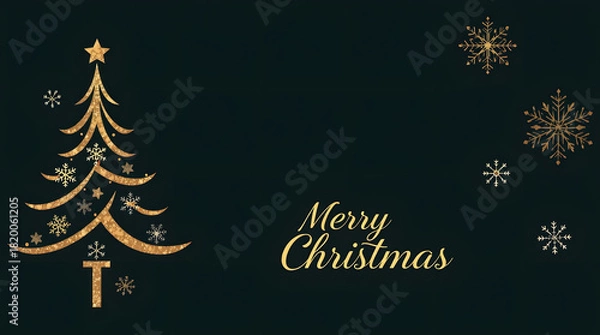 Fototapeta Golden Christmas Tree with Snowflakes and Merry Christmas Message on a Dark Green Background