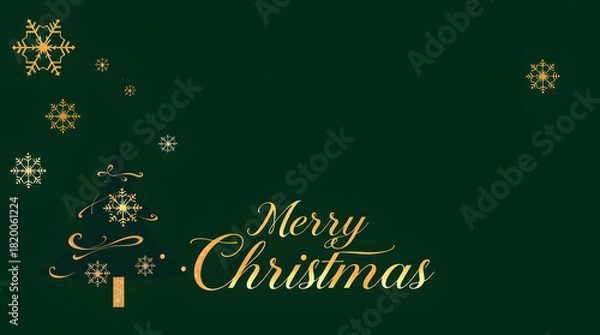 Fototapeta Sparkling golden Merry Christmas greeting card with elegant snowflakes and a stylized tree on a rich green background, perfect for holiday season wishes and festive celebrations