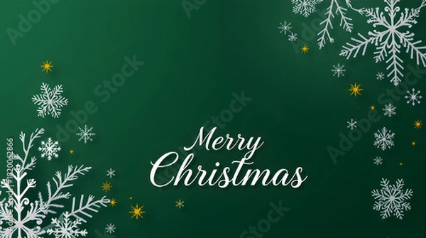 Fototapeta Festive Merry Christmas greeting with snowflakes and twinkling lights on a dark green background