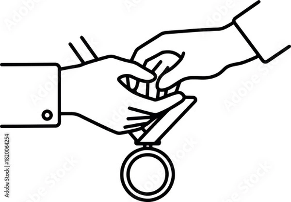 Fototapeta Minimalist Line Drawing of Hands Exchanging Medal in Black and White