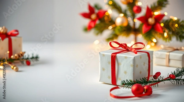 Obraz Beautifully wrapped Christmas gifts with festive red ribbons and sparkling holiday decorations, illuminated by soft fairy lights, creating a warm and joyful winter celebration scene