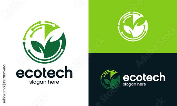 Fototapeta Nature tech logo design template illustration. Leaf green concept vector design with digital data technology symbol graphic icon