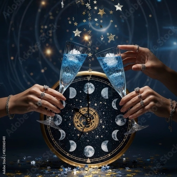 Fototapeta Enchanting Celestial Celebration with Moon Phase Clock and Sparkling Champagne Toast for New