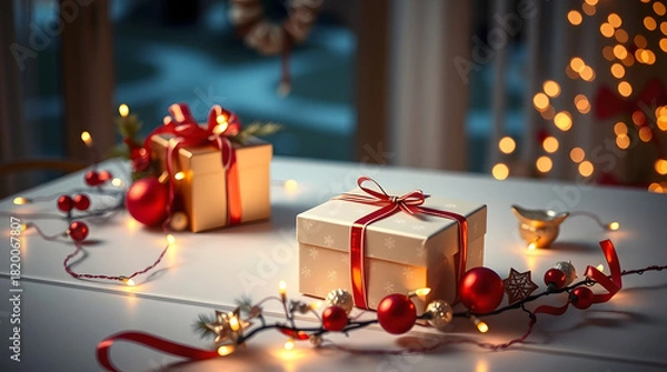 Fototapeta Festive Christmas gifts adorned with red ribbon and twinkling fairy lights, creating a warm and inviting holiday atmosphere