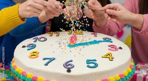 Obraz Joyful celebration cake adorned with vibrant clock face numbers and colorful sprinkles for a
