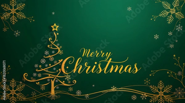 Fototapeta An elegant holiday greeting card featuring a golden stylized Christmas tree and snowflakes with script text on a dark green background