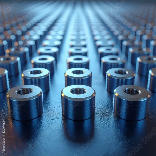 Obraz Rows of precisely machined metallic cylinders with central threaded holes glowing under blue light