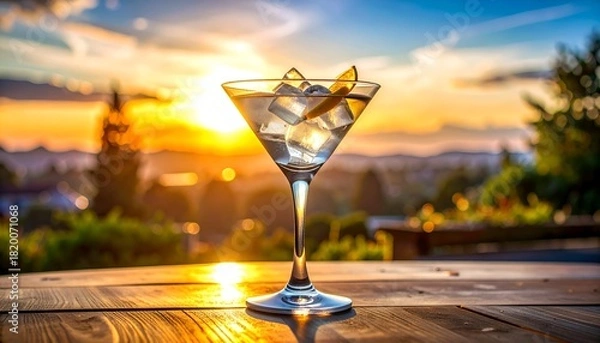Fototapeta Cocktail glass with ice & garnish, silhouetted by golden sunset over a landscape
