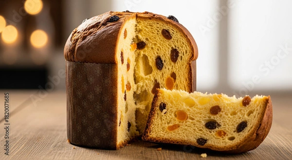 Fototapeta Panetone Tradicional Fatiado em Mesa Rústica