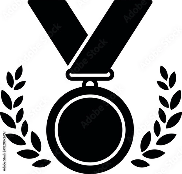 Fototapeta Medal Award Icon in Black and White with Laurel Wreath on Plain Background