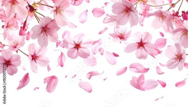 Obraz Overhead shot of delicate pink blossoms and falling petals against a bright white background