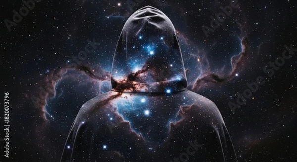 Fototapeta Enigmatic hooded figure composed of a vibrant galaxy, showcasing stars and nebulae within a cosmic