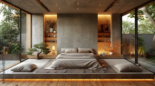 Fototapeta Modern Bedroom Minimalist Raw Concrete Oak Belgian Style Warm LED Lighting Serene Mood Crisp Details Elegant Design Luxurious Calm Ambiance (AI-Generated)