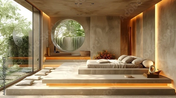 Fototapeta Modern Bedroom Minimalist Raw Concrete Oak Belgian Style Warm LED Lighting Serene Mood Crisp Details Elegant Design Luxurious Calm Ambiance (AI-Generated)