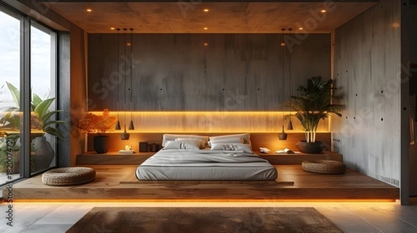 Obraz Modern Bedroom Minimalist Raw Concrete Oak Belgian Style Warm LED Lighting Serene Mood Crisp Details Elegant Design Luxurious Calm Ambiance (AI-Generated)