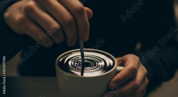 Obraz Close-up of hands stirring a dark beverage in a white mug creating hypnotic ripples a moment of