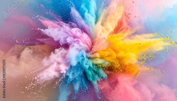 Fototapeta A vibrant, exploding cloud of multicolored powder against a light, soft background