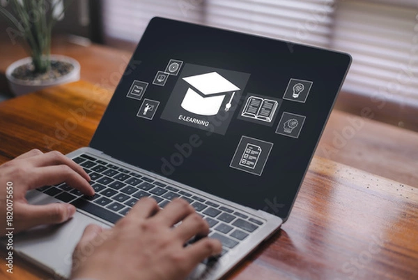 Fototapeta Digital e-learning platform displayed on a laptop with education icons representing online courses remote training and modern learning technology for students, professionals and corporate development.