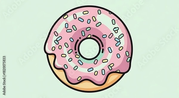 Fototapeta A delightful cartoon donut with sweet pink icing and vibrant sprinkles, a simple vector illustration of a delicious baked pastry