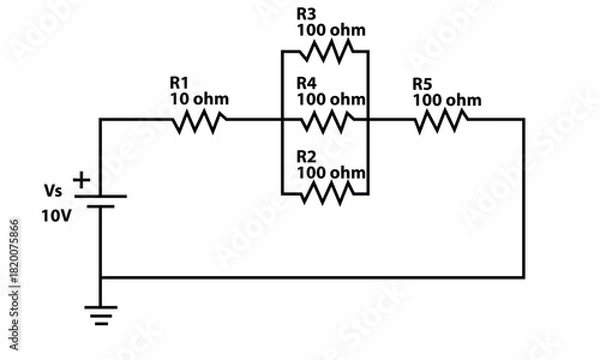 Fototapeta 10V Battery Powered Circuit With 100 Ohm Resistors in Mixed Parallel and Series Network