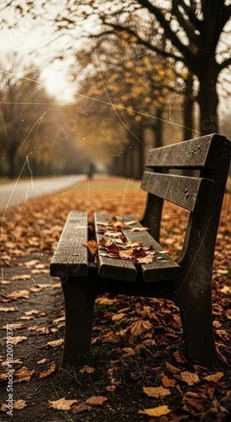 Fototapeta Autumn Serenity: A Deserted Park Bench Adorned with Golden Fallen Leaves on a Quiet Path