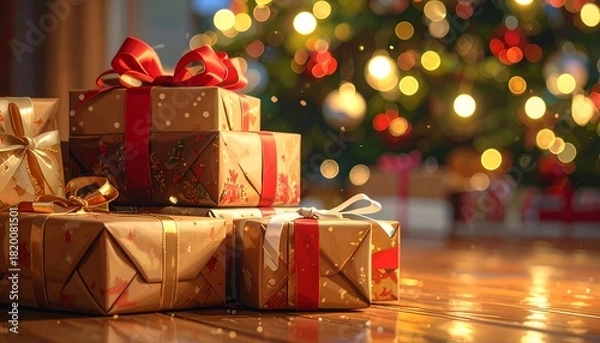 Fototapeta Gift-wrapped presents stacked on wooden floor with a blurred Christmas tree background