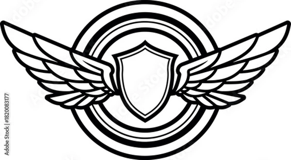 Fototapeta Black and White Winged Shield Emblem with Circular Design Suitable for Security or Protection Symbols
