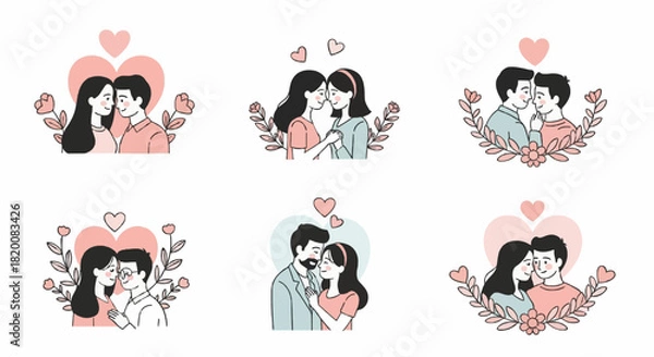 Obraz Minimalist romantic couple illustration with hearts and flowers vector bundle.