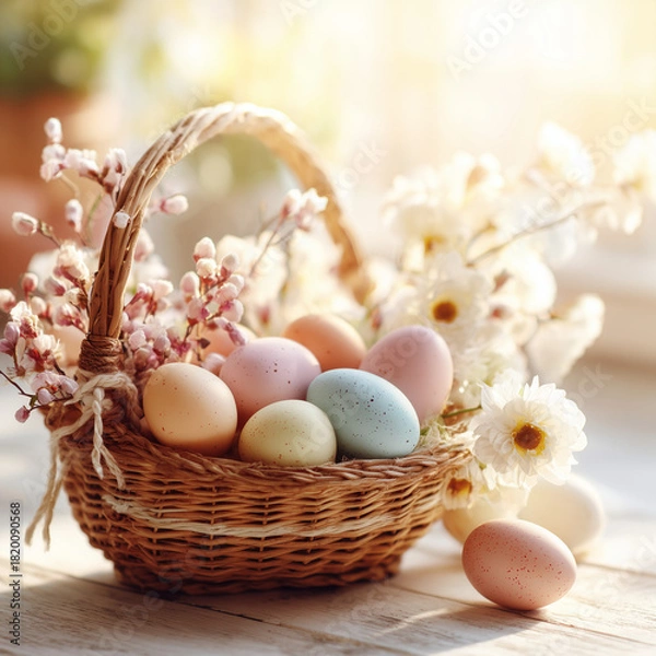 Obraz easter eggs in a basket with flowers