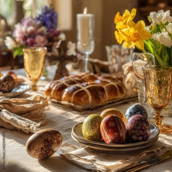 Obraz easter table setting with flowers with hot cross buns 