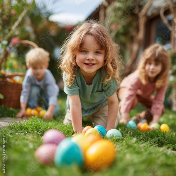 Obraz children hunting for easter eggs in spring 