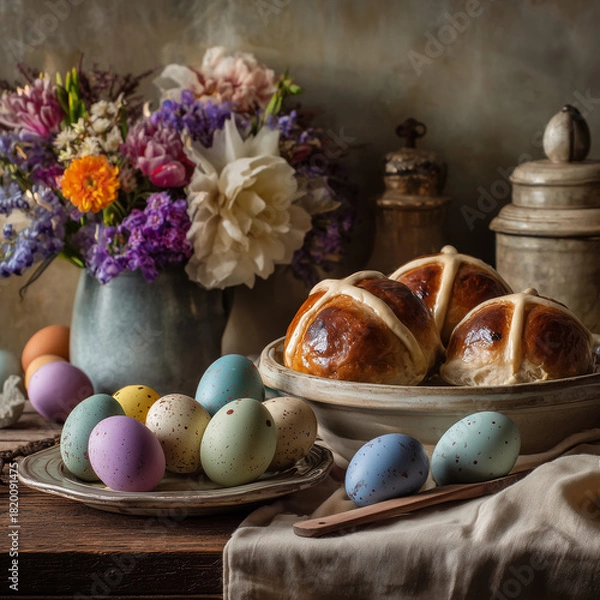 Obraz easter table setting with flowers and hot cross buns 