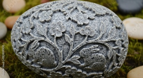 Fototapeta Intricate stone carving featuring rabbits and floral designs in a garden setting