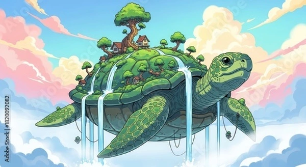 Fototapeta Whimsical illustration of a giant turtle carrying a miniature land in the sky