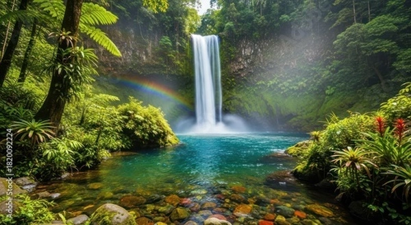Fototapeta Spectacular waterfall cascading into a vibrant pool amidst lush tropical foliage