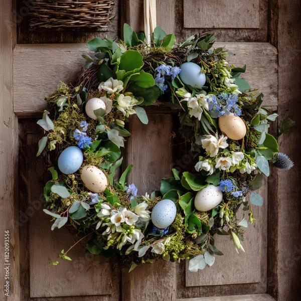 Obraz easter wreath hung on wooden door for spring 