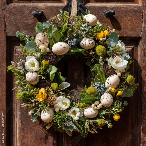 Obraz easter wreath hung on wooden door for spring 
