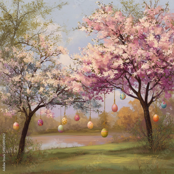 Obraz spring trees with easter eggs hanging for decoration 