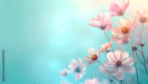 Fototapeta Delicate pink and white flowers bloom against a soft teal background with dreamy light
