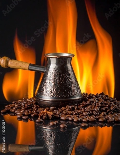 Obraz Coffee brewing in a cezve with flames and coffee beans.