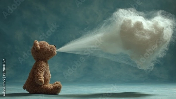 Obraz Teddy Bear Blowing a Heart-Shaped Cloud in a Dreamy Cotton Background With Wide Banner Space