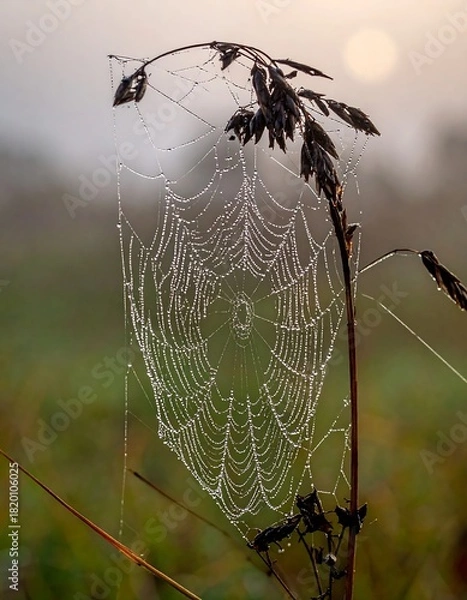 Fototapeta Delicate Spiderweb Adorned with Morning Dew on a Foggy Morning.