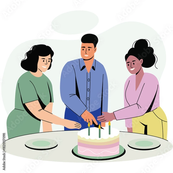 Fototapeta Three friends gather around a birthday cake with lit candles on a table celebrating a special occasion together with joy and smiles in a light-colored room
