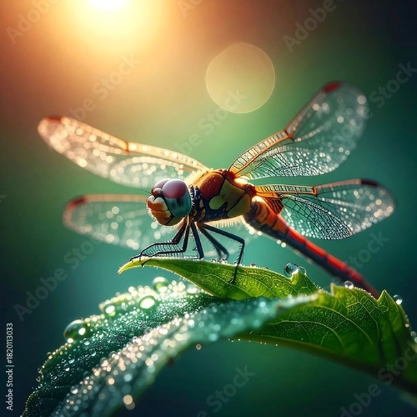 Obraz Dragonfly resting on a leaf with water droplets in the sunlight.