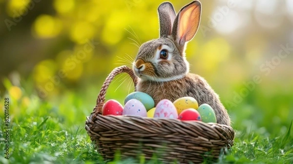 Fototapeta Adorable easter bunny with a basket of colorful eggs in a spring garden