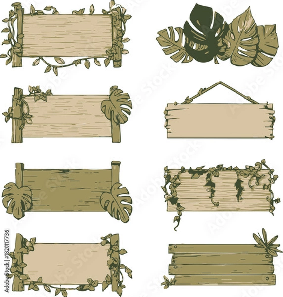 Fototapeta Wooden sign boards sketch hand drawn with tropical leaves and vines. Vector illustration