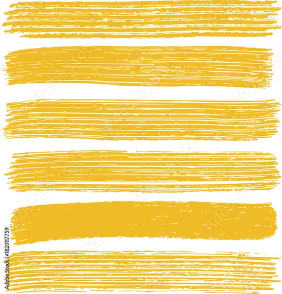 Fototapeta Yellow brush strokes sketch, hand drawn horizontal paint lines, grunge textured set. Vector illustration